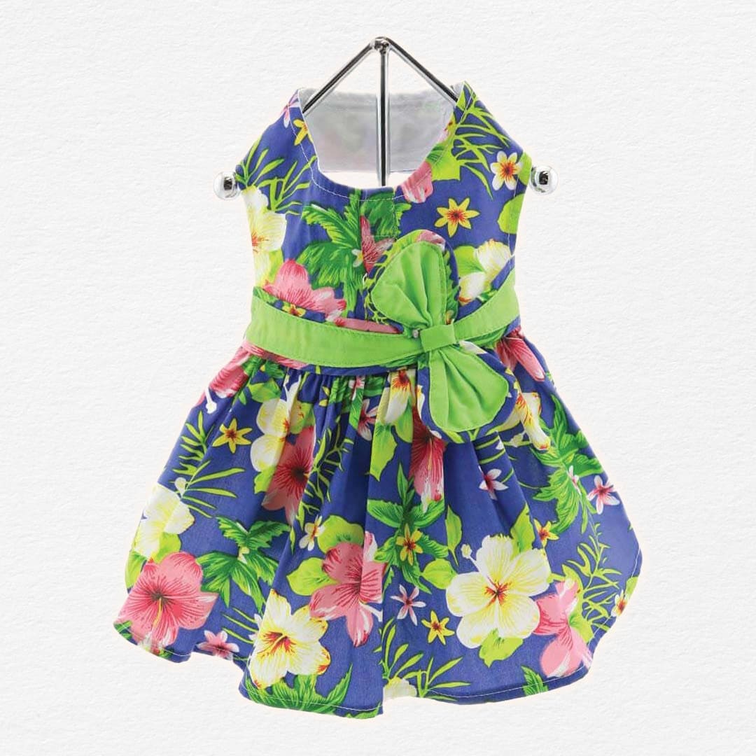 Blue Hibiscus Dog Dress with Matching Leash