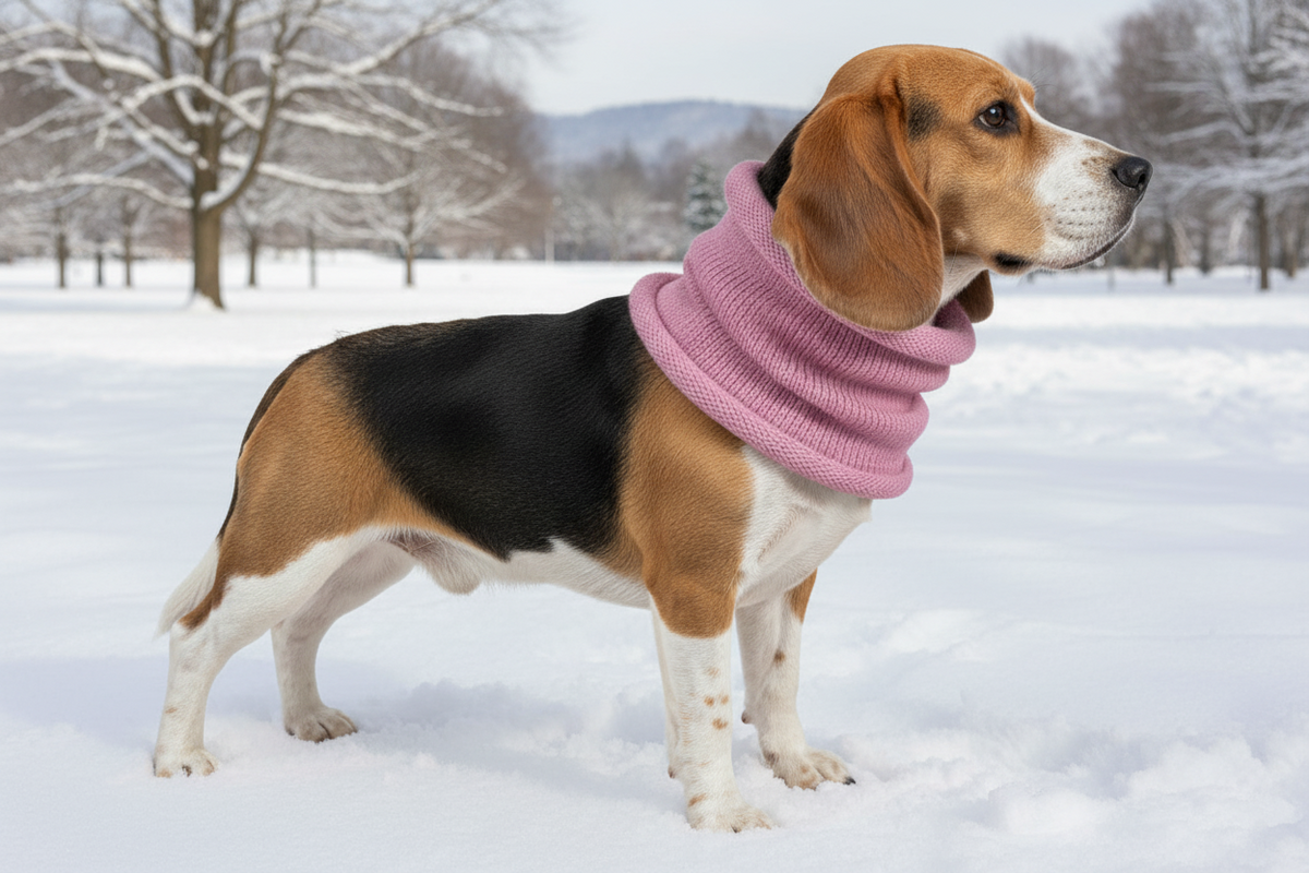 Dog wearing a pink knitted cowl on a white background