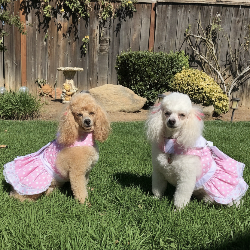 Two poodles wearing pink dresses standing on grass with a wooden fence and plants in the background.