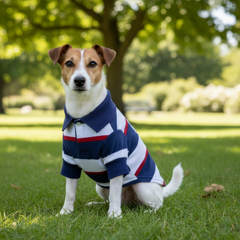 Dog wearing a Union Jack sweater in a park