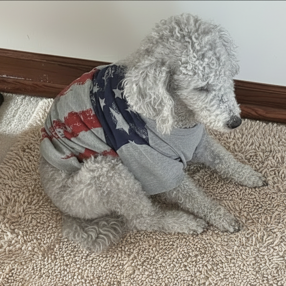 Dog wearing a patriotic outfit on a carpeted floor