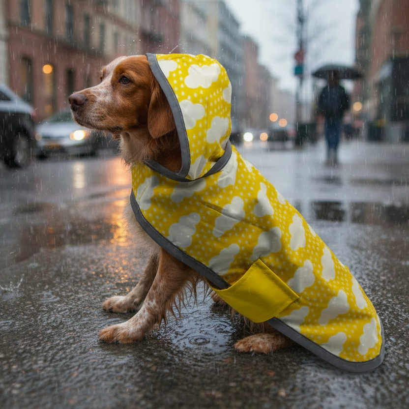 Dog wearing a yellow raincoat on a rainy city street