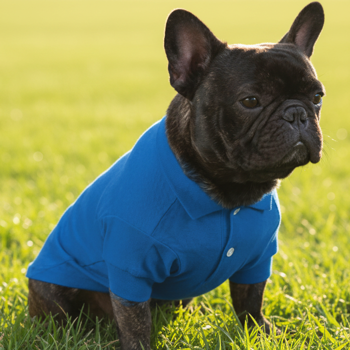 Black dog wearing a blue polo shirt sitting on grass