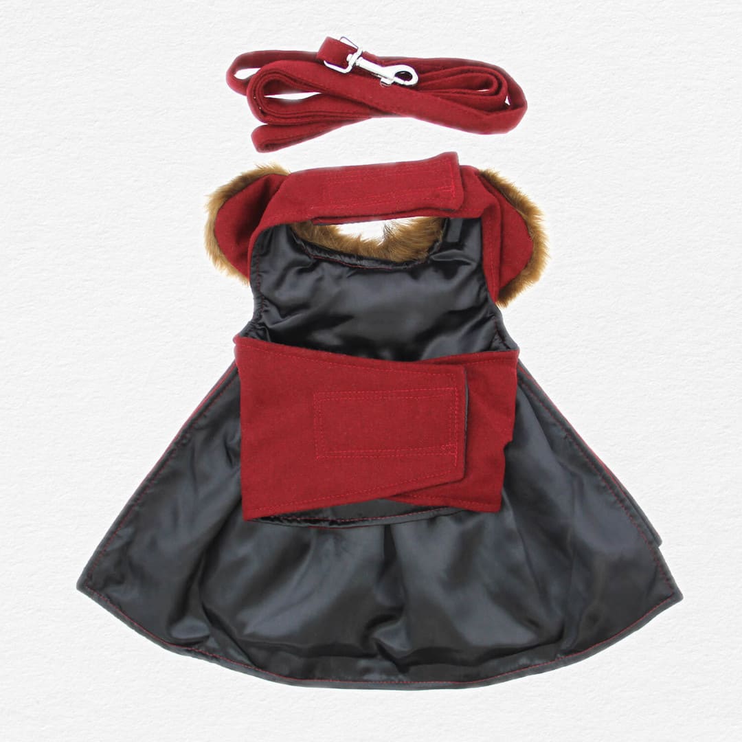 Burgundy Wool Fur-Trimmed Dog Harness Coat