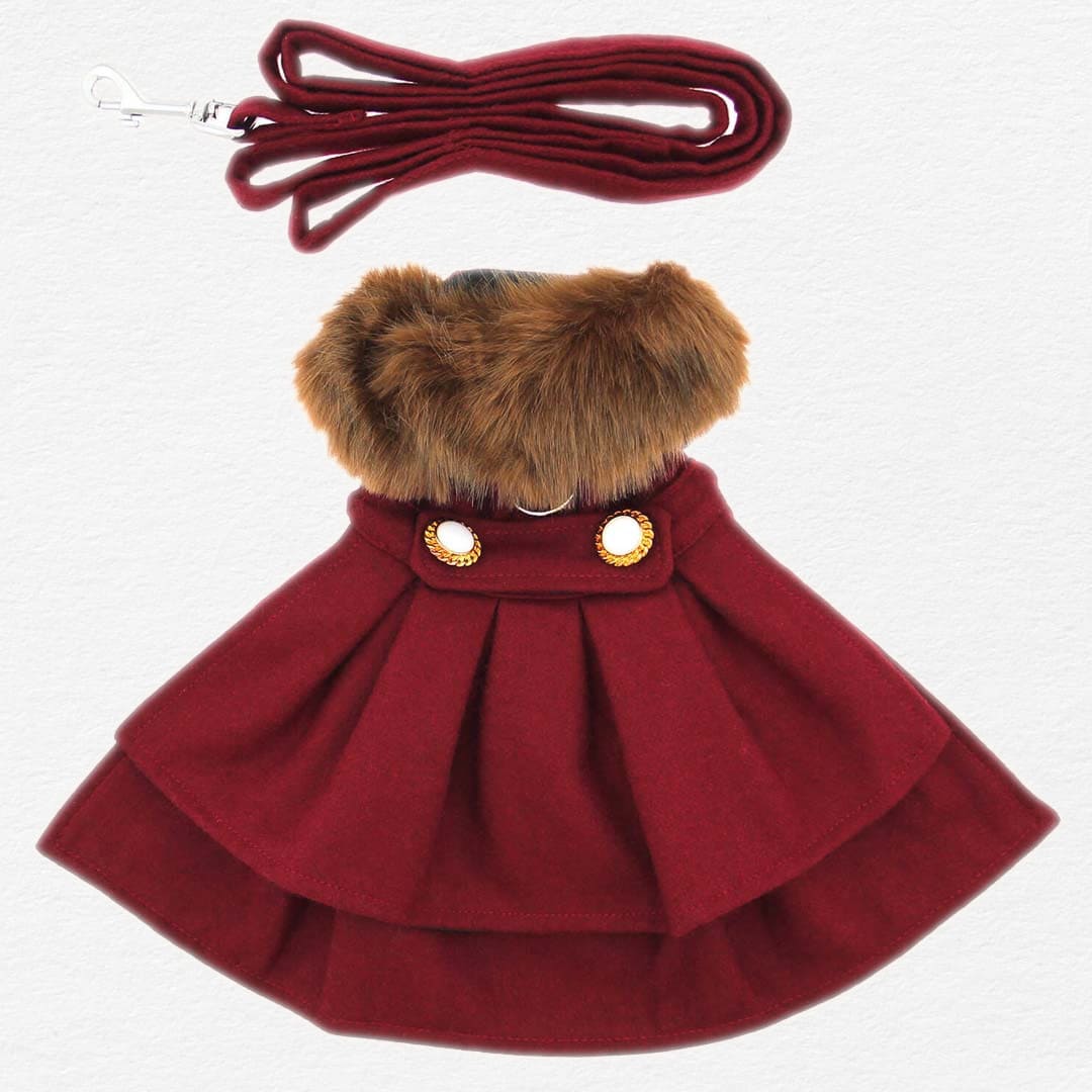 Burgundy Wool Fur-Trimmed Dog Harness Coat
