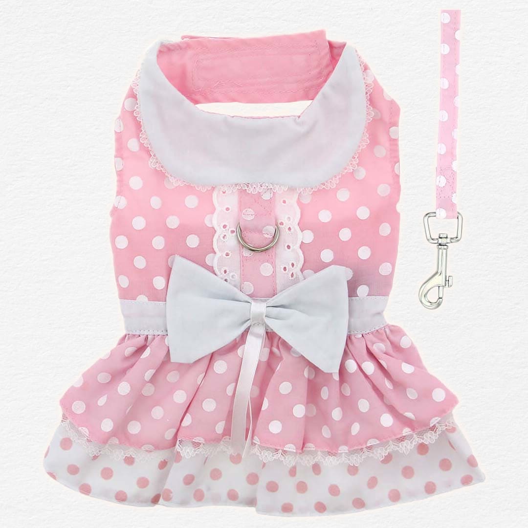 pink dog dress Pink Polka Dot and Lace Dog Dress Set with Leash Medium