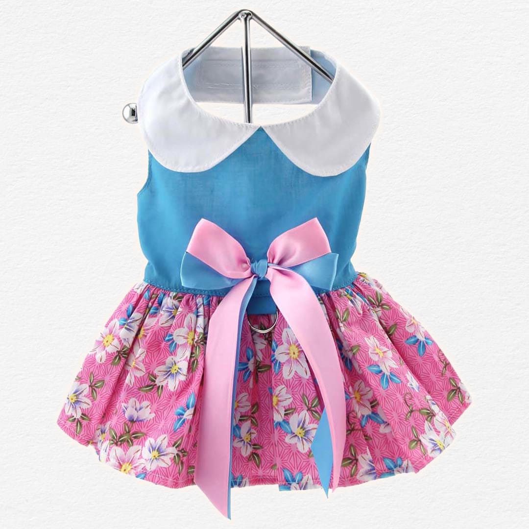 Pink and Blue Plumeria Dog Dress with Matching Leash
