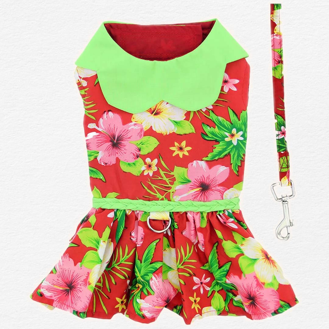 Red Hibiscus Dog Dress with Matching Leash