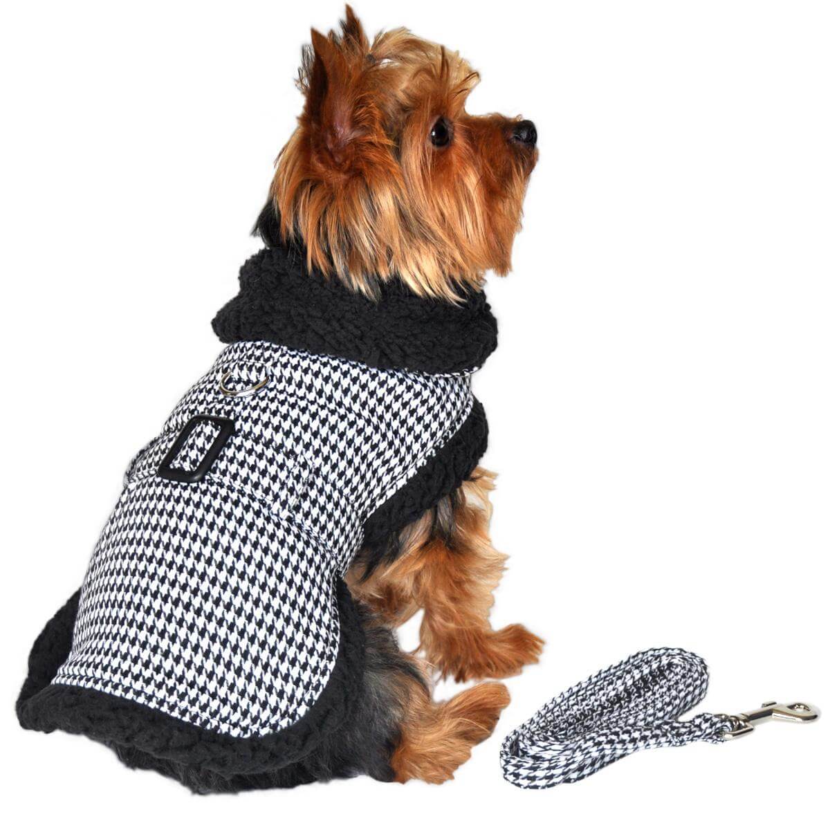 Black and White Houndstooth Harness Coat with Matching Leash - Waggy Pups