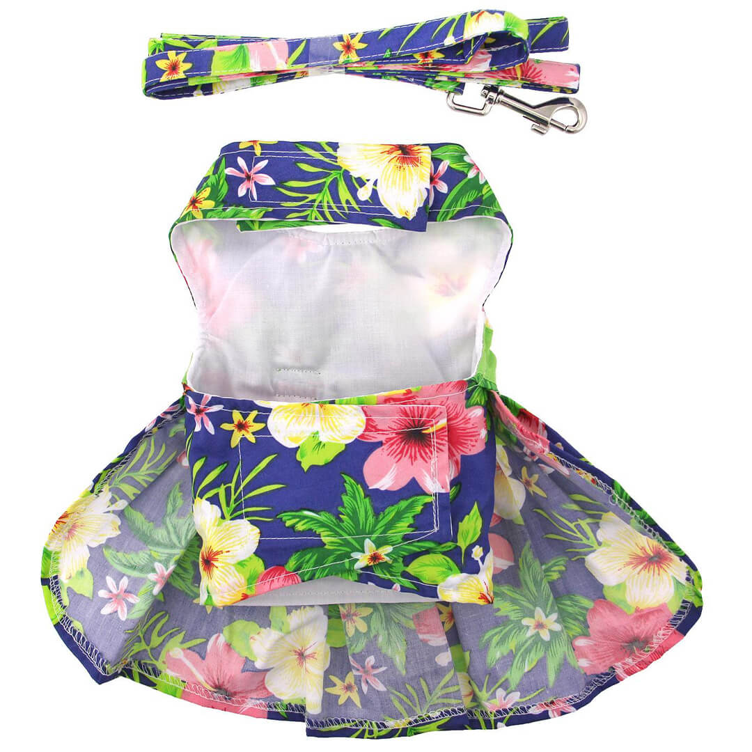 Blue Hibiscus Dog Dress with Matching Leash