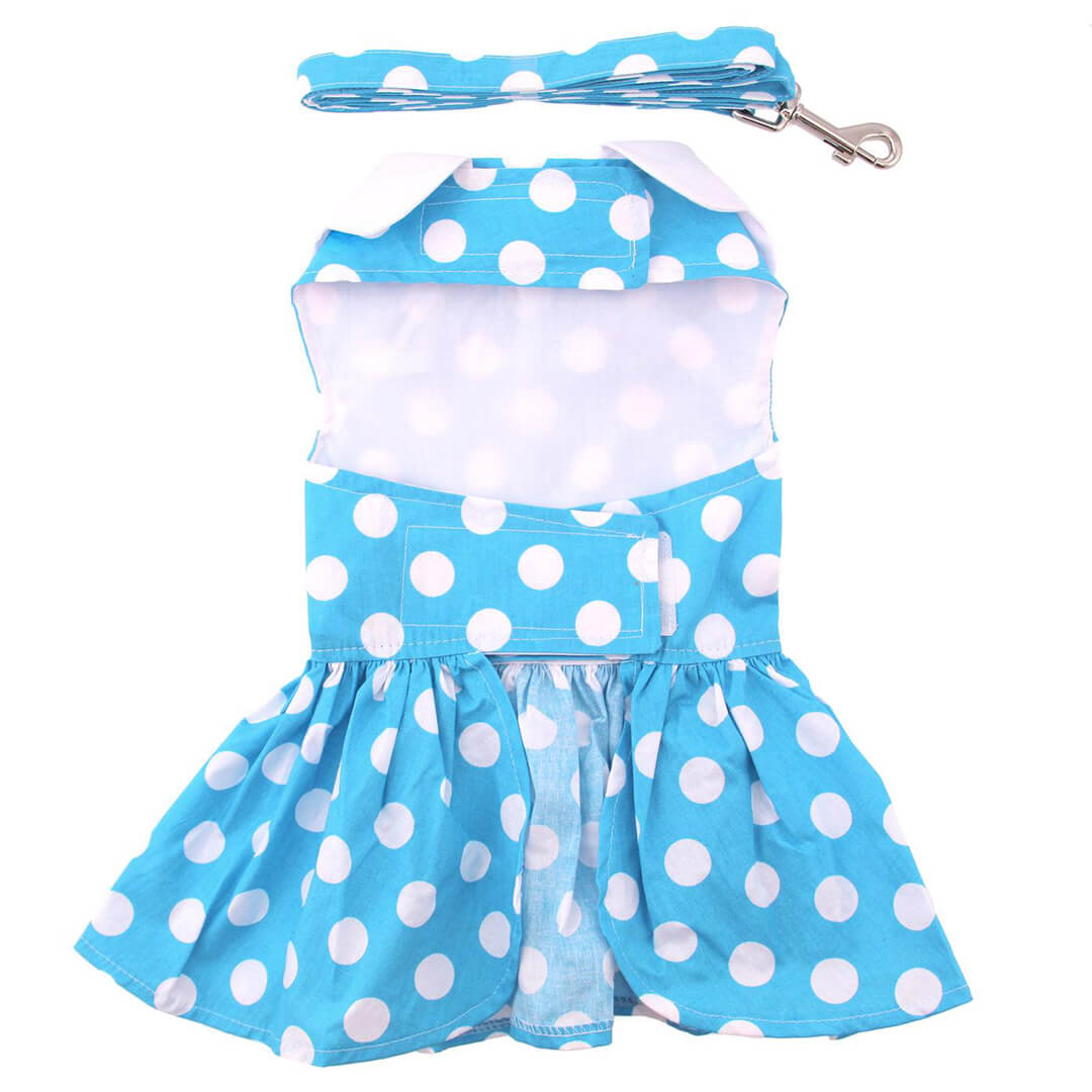 Blue Polka Dot Dog Dress with Matching Leash Small
