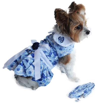 Blue Rose Dog Dress with Matching Leash