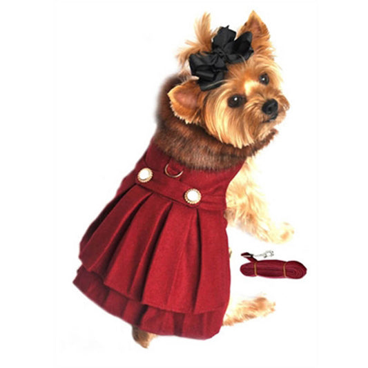 Burgundy Wool Fur-Trimmed Dog Harness Coat - Waggy Pups