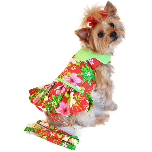 Red Hibiscus Dog Dress with Matching Leash